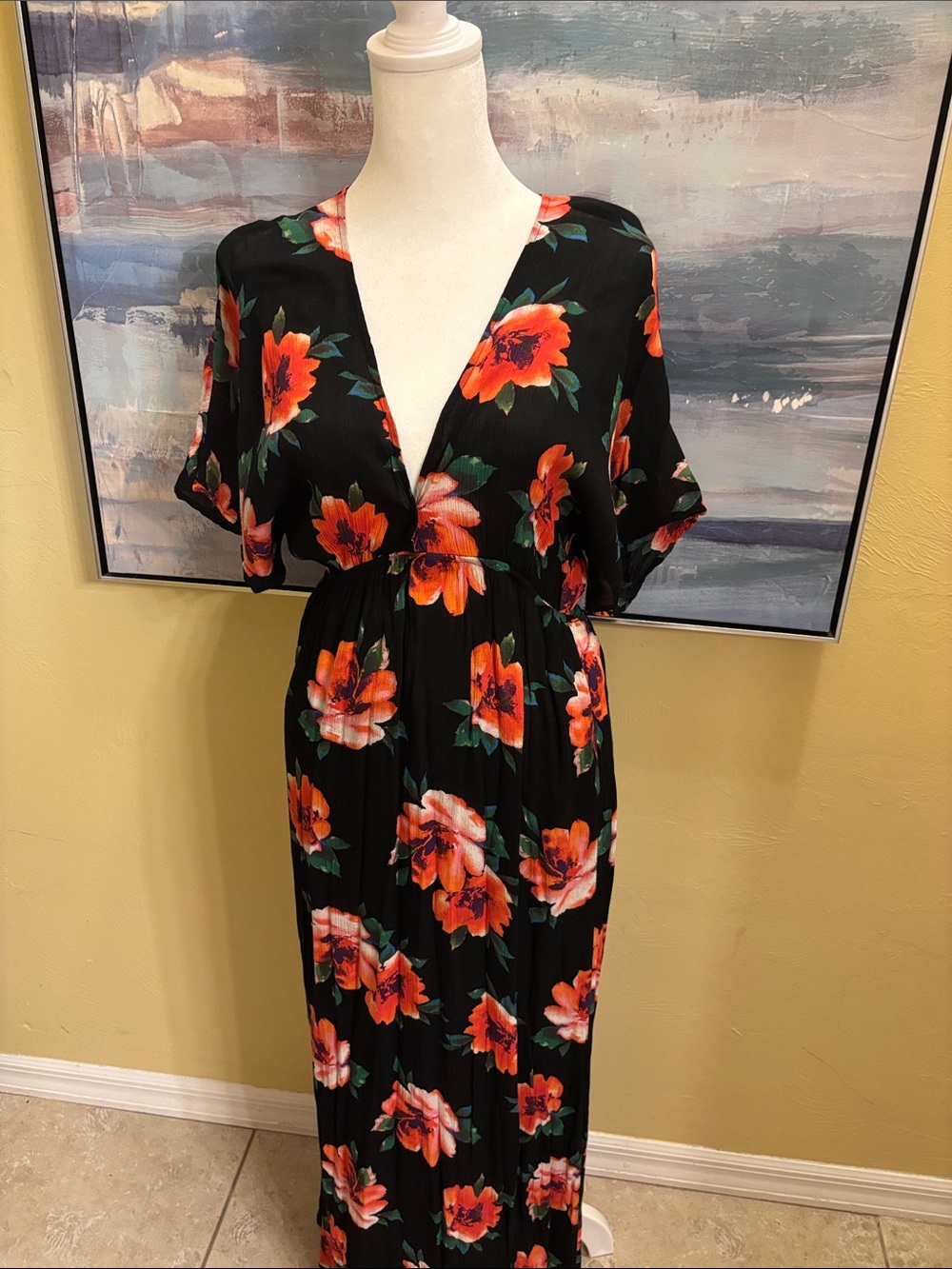 Forever 21 Black Maxi Dress with Bright Orange Floral Print - Picture 2 of 3